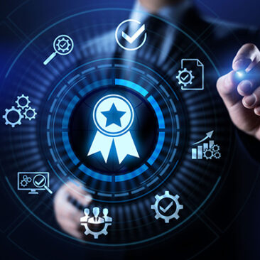 Certification avec un ruban central et des pictogrammes symbolisant la qualité et la conformité