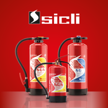 Bandeau rouge avec le logo SICLI en blanc et 3 extincteurs de la marque qui reflètent