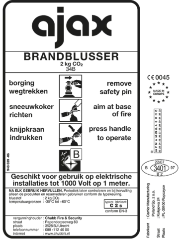 Etiket-Ajax CO2 koolzuursneeuwblusser C2s