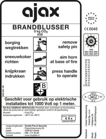 Etiket-Ajax CO2 koolzuursneeuwblusser C5s